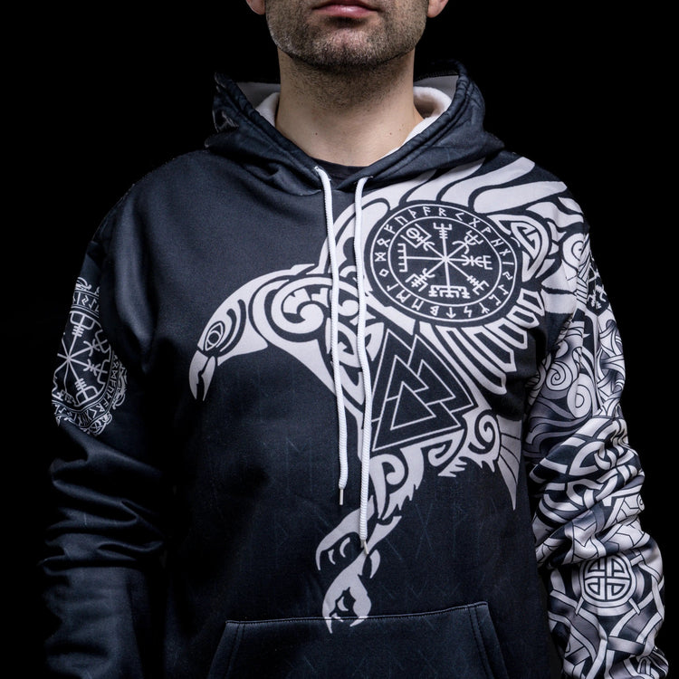 Hoodie Viking \"Corbeau Majestueux - Symboles Sacrés d'Odin\" Hoodie Viking \"Corbeau Majestueux - Symboles Sacrés d'Odin\"