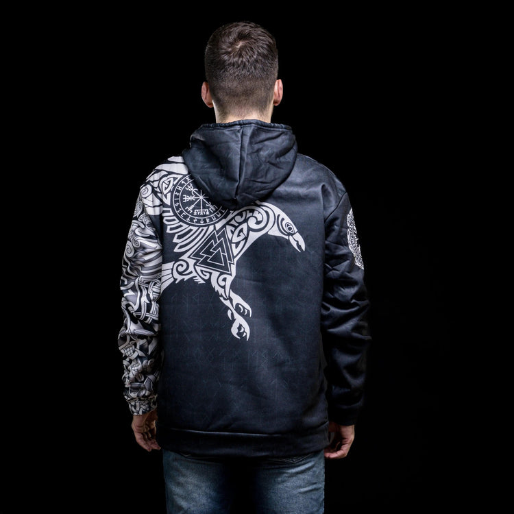 Hoodie Viking \"Corbeau Majestueux - Symboles Sacrés d'Odin\" Hoodie Viking \"Corbeau Majestueux - Symboles Sacrés d'Odin\"