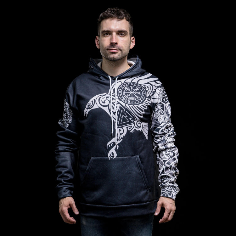 Hoodie Viking \"Corbeau Majestueux - Symboles Sacrés d'Odin\" Hoodie Viking \"Corbeau Majestueux - Symboles Sacrés d'Odin\"