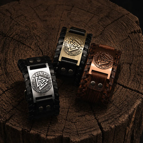 Bracelet viking Bracelet en cuir ajustable - Symbole Valknut® - Odins Hall