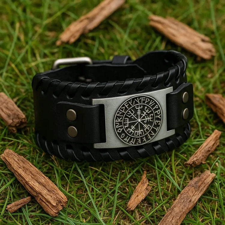 Bracelet en cuir Noir - Rune Viking