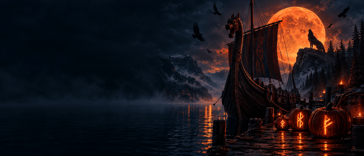 Drakkar viking sous la pleine lune orange, loup qui hurle et citrouilles gravées de runes