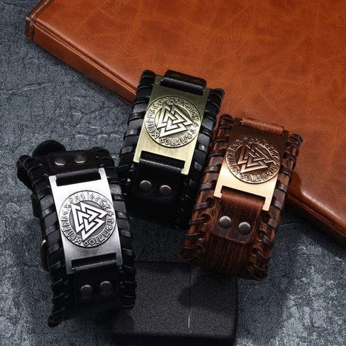 Bracelet Bracelet en cuir ajustable - Symbole Valknut® - Odins Hall
