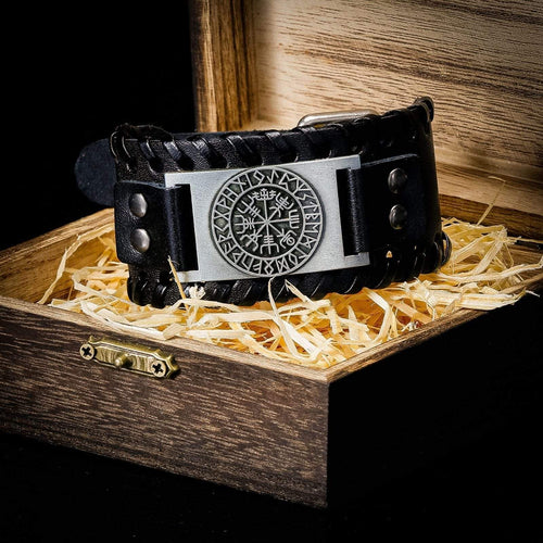 Bracelet Bracelet en cuir Noir - Rune Viking dans sa boite
