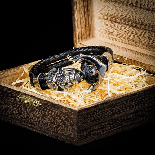 Bracelet Bracelet Viking crâne de marin en cuir dans sa boite