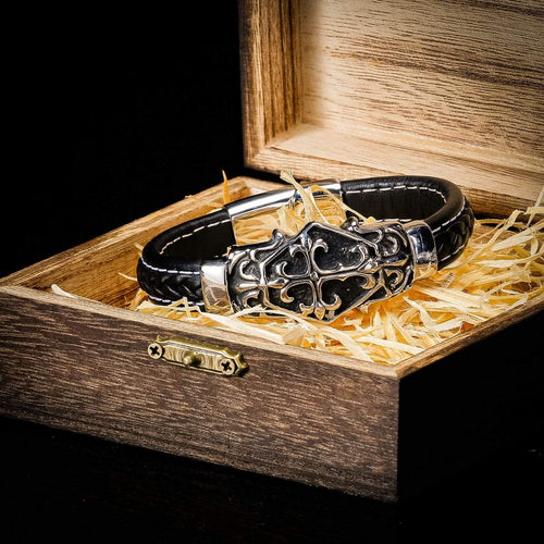 Bracelet Bracelet Viking gravure chrétienne en cuir dans sa boite