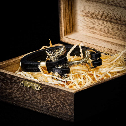 Bracelet Bracelet Viking Tête de Fenrir en cuir dans sa boite